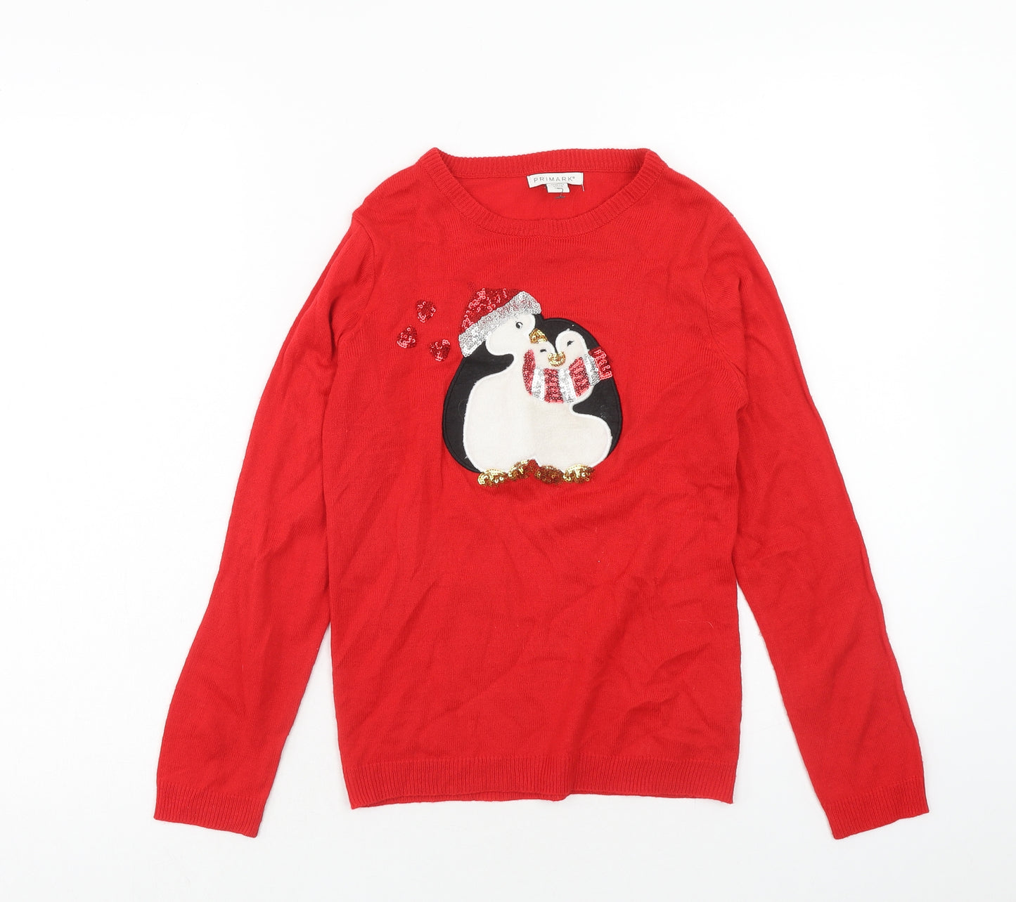 Primark Girls Red Round Neck Acrylic Pullover Jumper Size 10-11 Years Pullover - Christmas Penguin