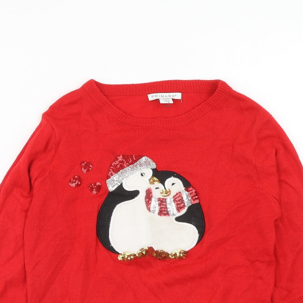 Primark Girls Red Round Neck Acrylic Pullover Jumper Size 10-11 Years Pullover - Christmas Penguin