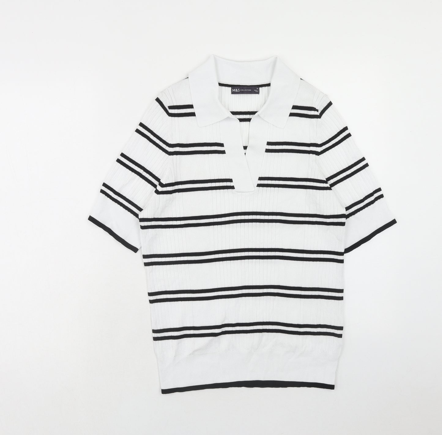 Marks and Spencer Womens White Striped Viscose Basic T-Shirt Size 16 V-Neck