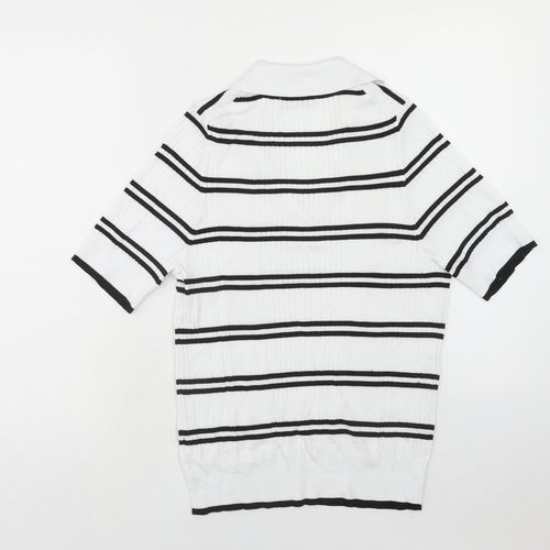 Marks and Spencer Womens White Striped Viscose Basic T-Shirt Size 16 V-Neck