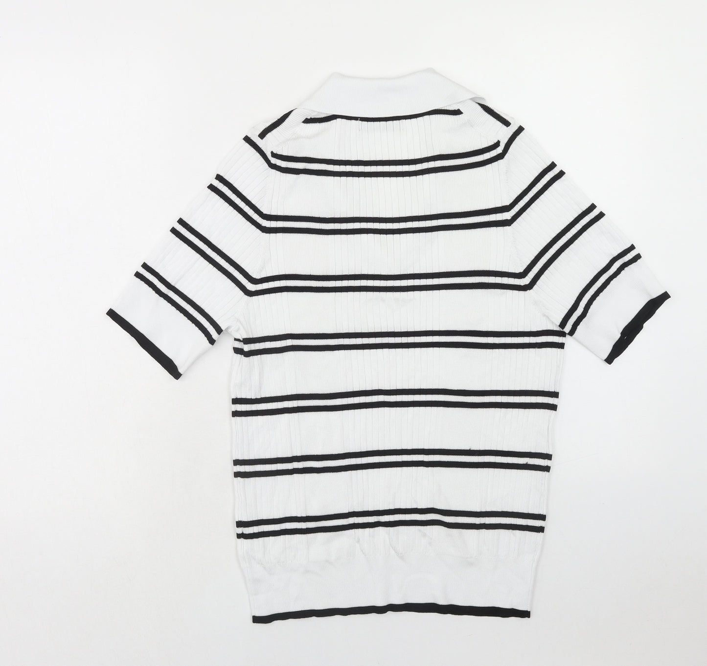 Marks and Spencer Womens White Striped Viscose Basic T-Shirt Size 16 V-Neck
