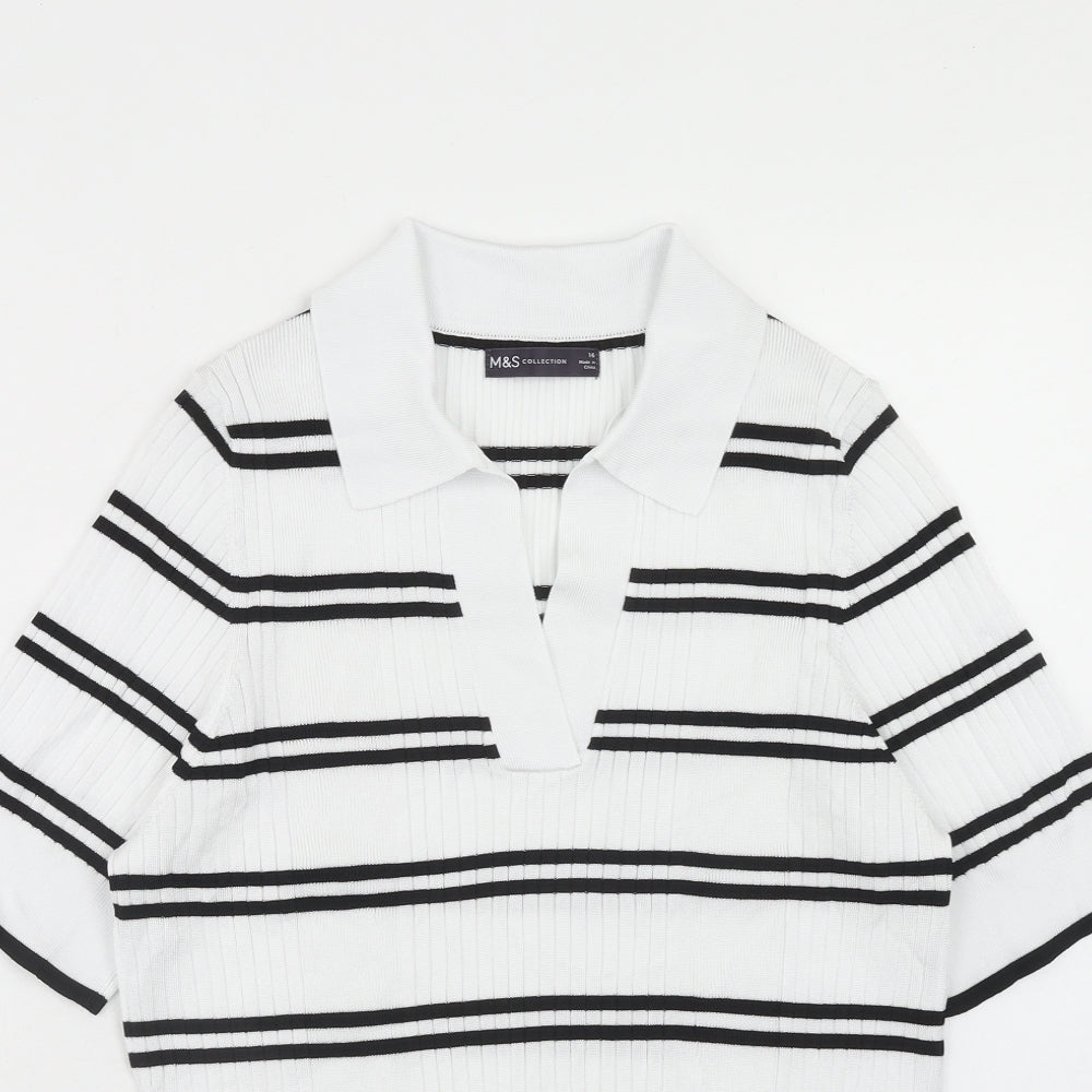Marks and Spencer Womens White Striped Viscose Basic T-Shirt Size 16 V-Neck