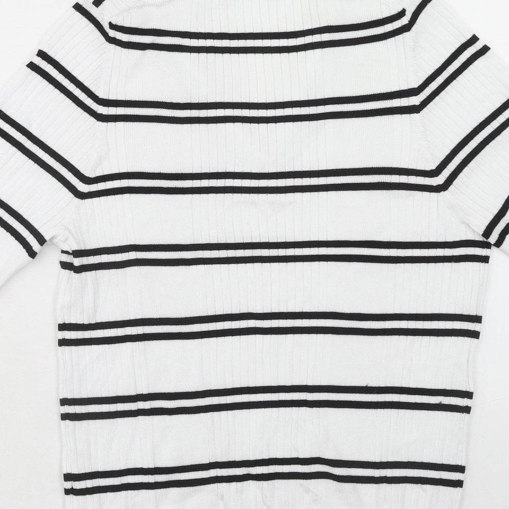 Marks and Spencer Womens White Striped Viscose Basic T-Shirt Size 16 V-Neck