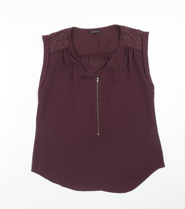 Warehouse Womens Purple Polyester Basic Tank Size 14 V-Neck - Broderie Anglaise Detail