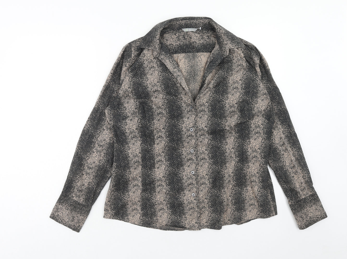 Marks and Spencer Womens Brown Geometric Cotton Basic Button-Up Size 14 V-Neck