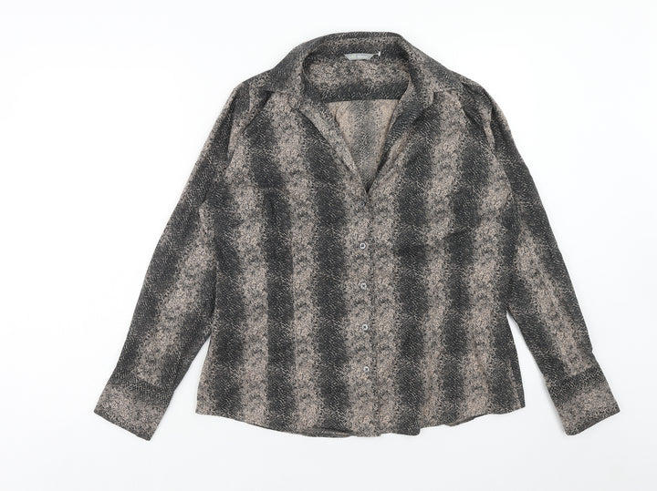 Marks and Spencer Womens Brown Geometric Cotton Basic Button-Up Size 14 V-Neck