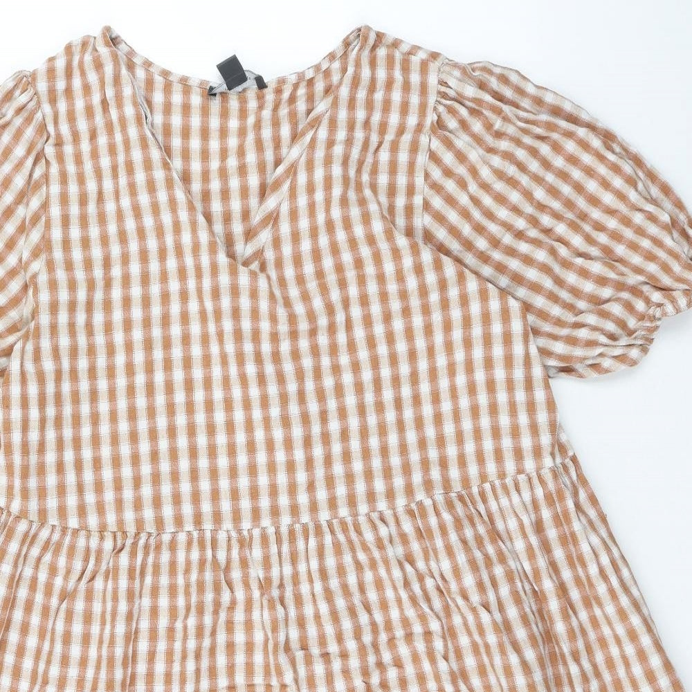 Primark Womens Brown Check Cotton Trapeze & Swing Size 20 V-Neck Pullover - Tiered