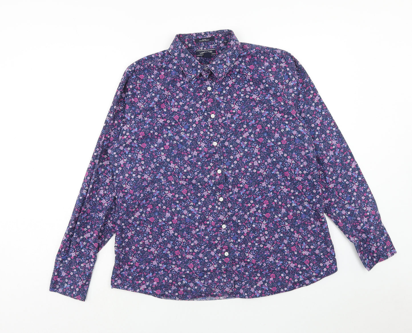 Lands' End Womens Purple Floral Cotton Basic Button-Up Size 18 Collared