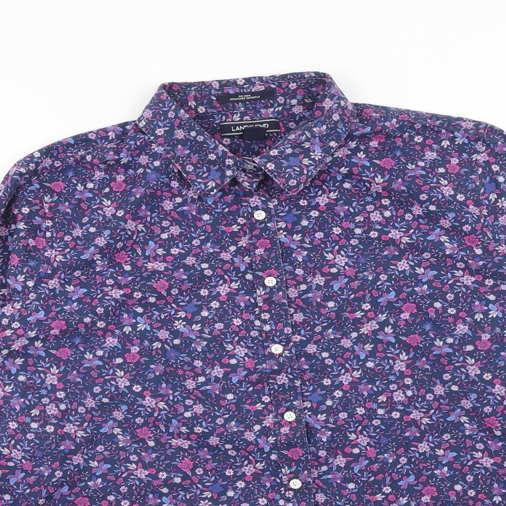 Lands' End Womens Purple Floral Cotton Basic Button-Up Size 18 Collared