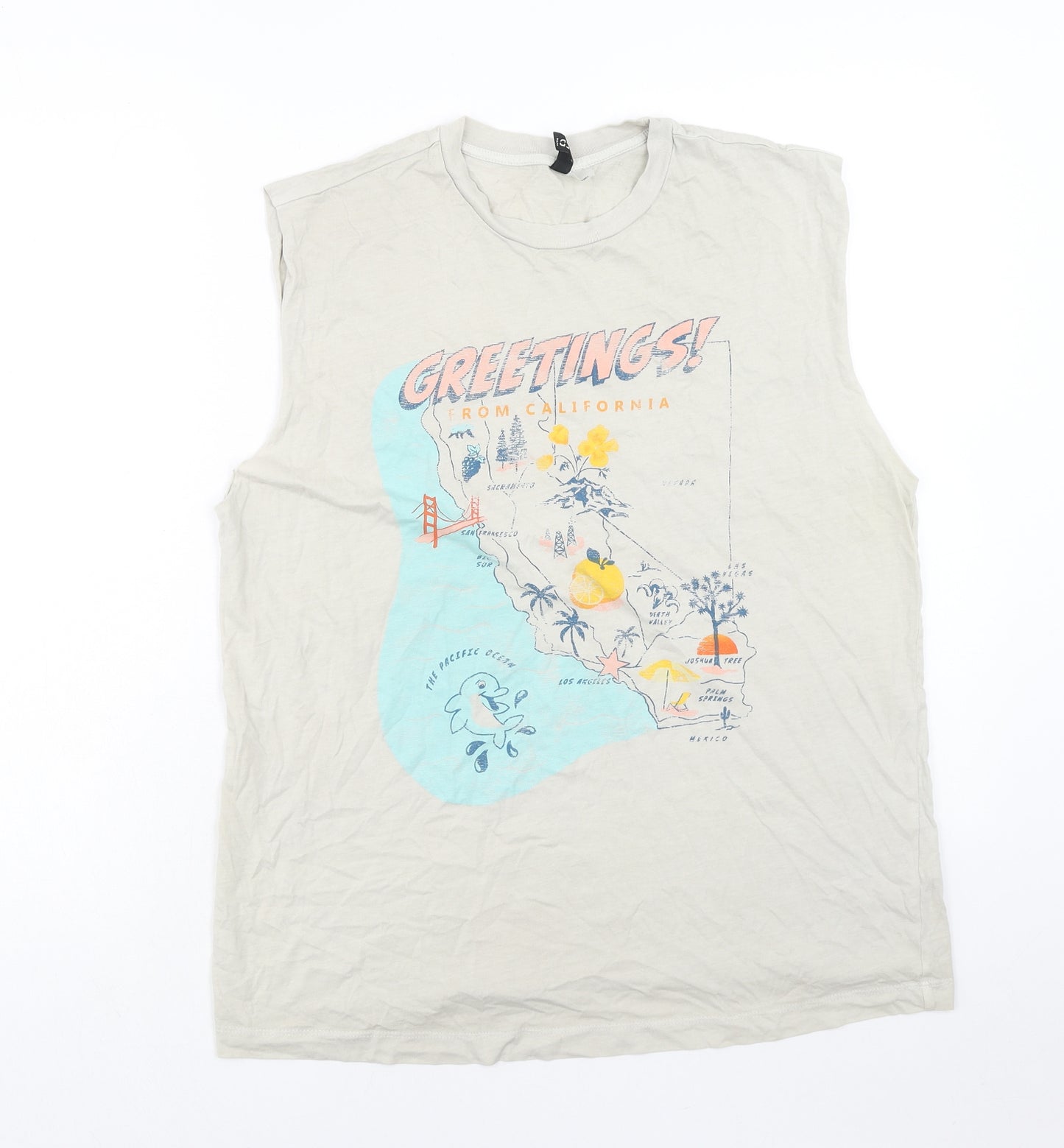 H&M Mens Ivory Cotton T-Shirt Size S Round Neck - Greetings from California Vest