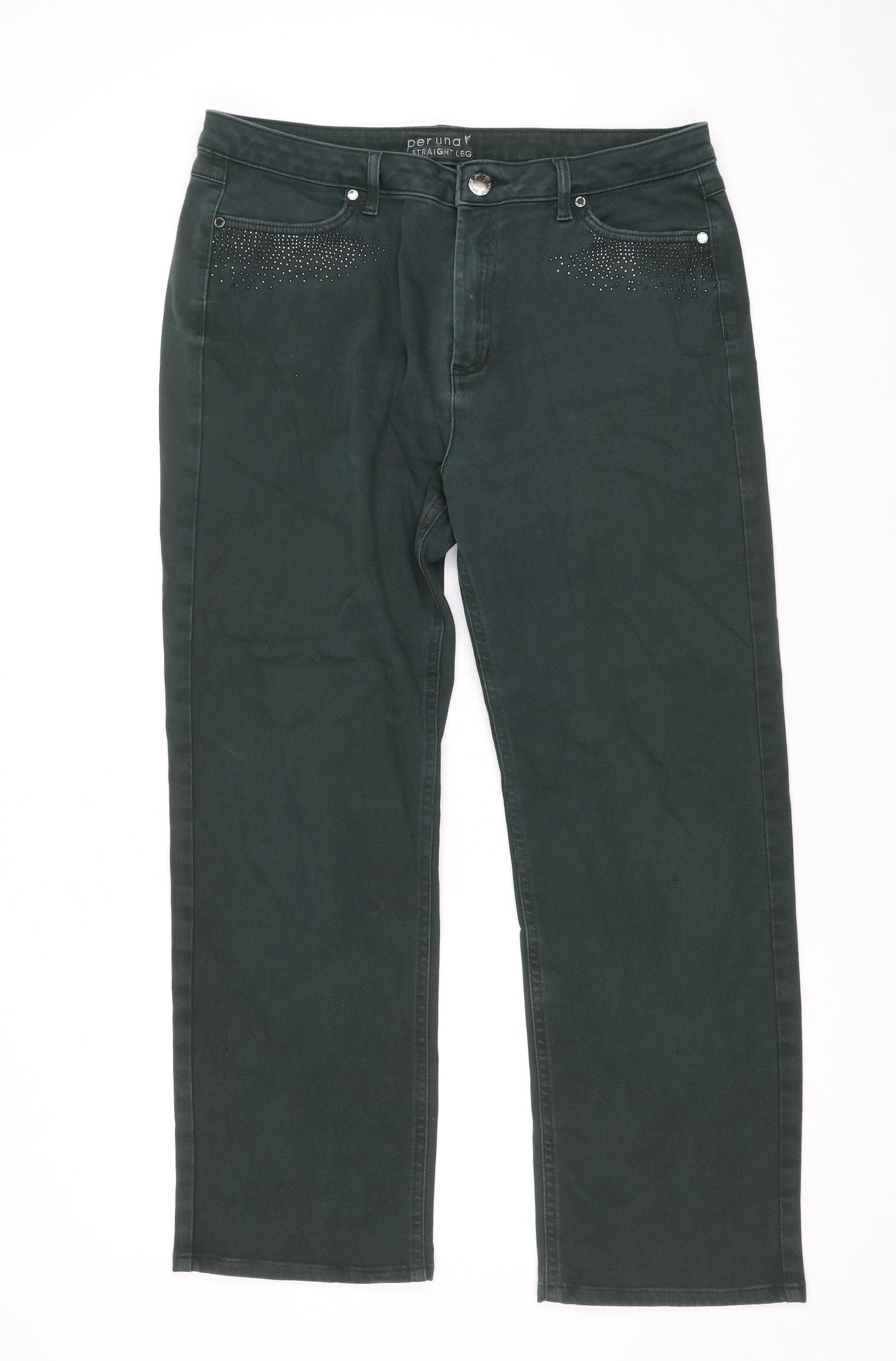 Per Una Womens Green Cotton Straight Jeans Size 16 Regular Zip