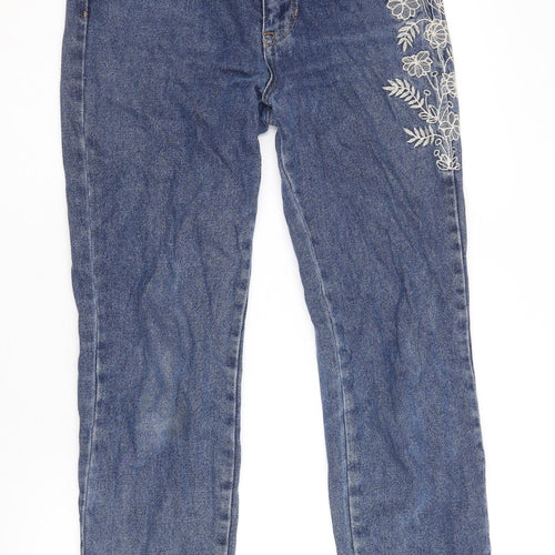 Pull&Bear Womens Blue Floral Cotton Straight Jeans Size 8 Regular Zip - Distressed Hems