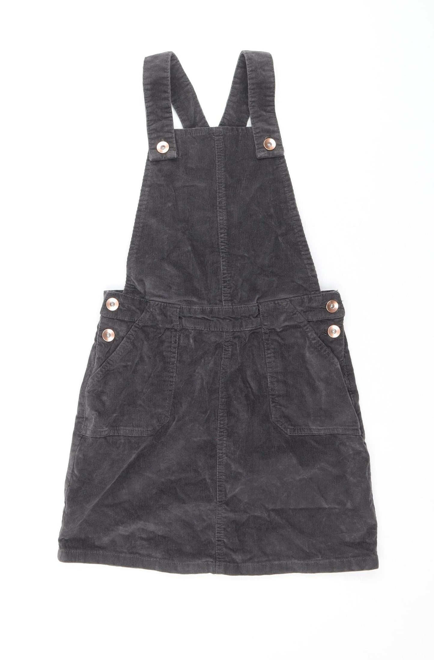 George Girls Grey Cotton Pinafore/Dungaree Dress Size 9-10 Years Square Neck Button