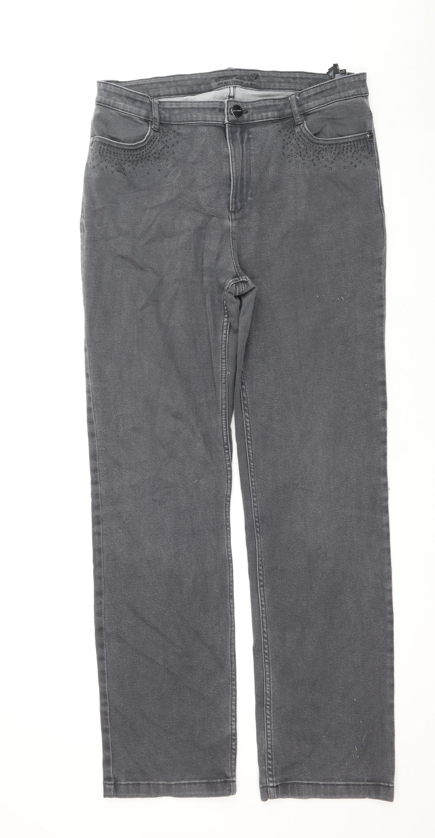 Per Una Womens Grey Cotton Straight Jeans Size 16 Regular Zip