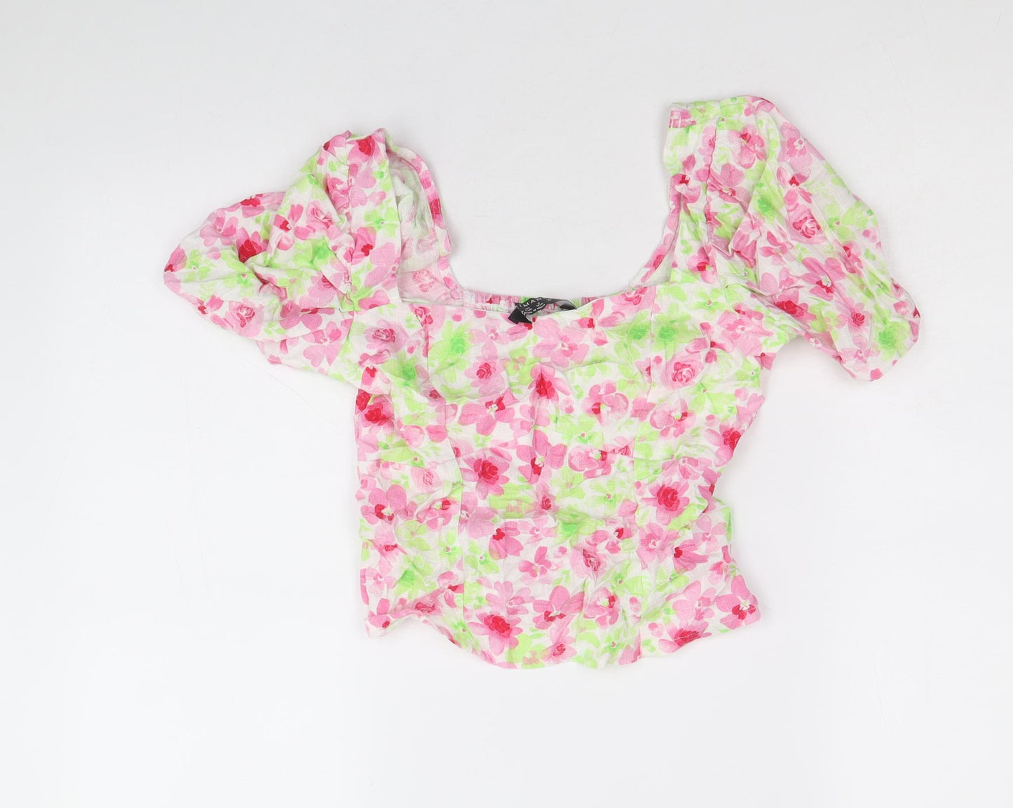 Primark Womens Multicoloured Floral Viscose Cropped T-Shirt Size 8 Square Neck