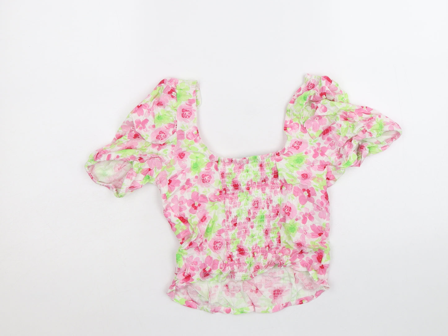 Primark Womens Multicoloured Floral Viscose Cropped T-Shirt Size 8 Square Neck