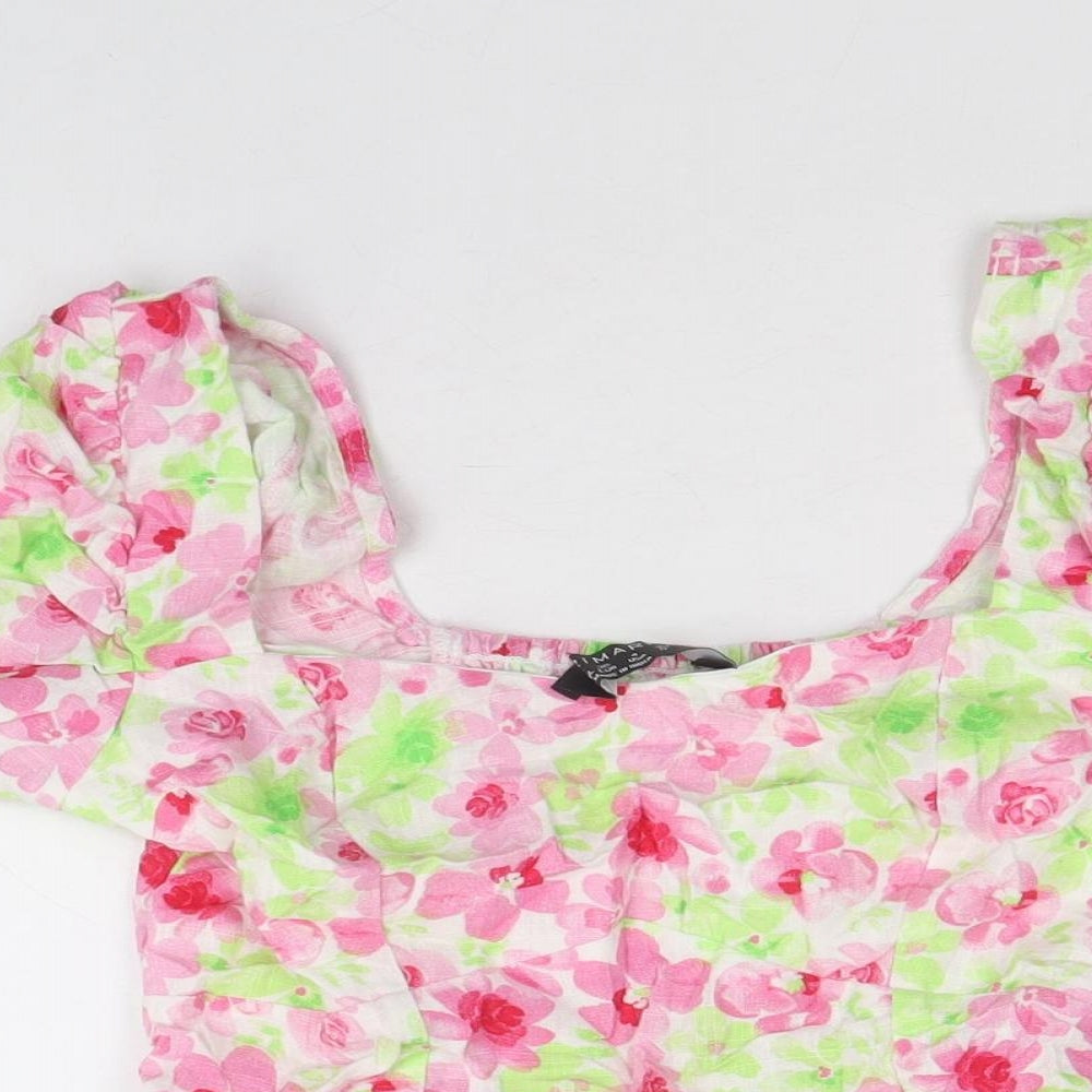 Primark Womens Multicoloured Floral Viscose Cropped T-Shirt Size 8 Square Neck