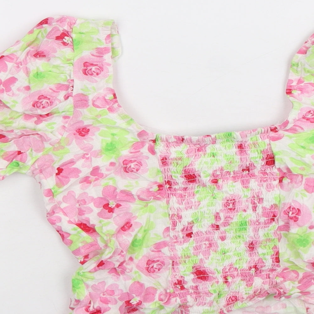 Primark Womens Multicoloured Floral Viscose Cropped T-Shirt Size 8 Square Neck