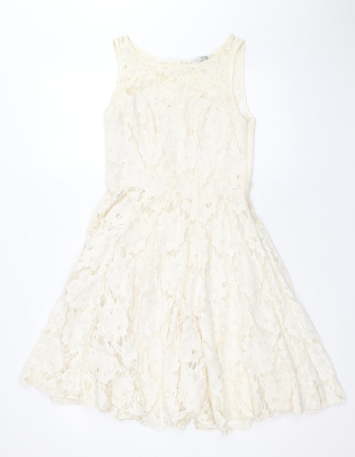 Red Herring Womens Ivory Cotton Skater Dress Size 6 Boat Neck Zip
