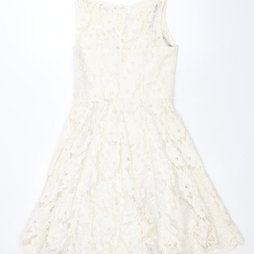 Red Herring Womens Ivory Cotton Skater Dress Size 6 Boat Neck Zip