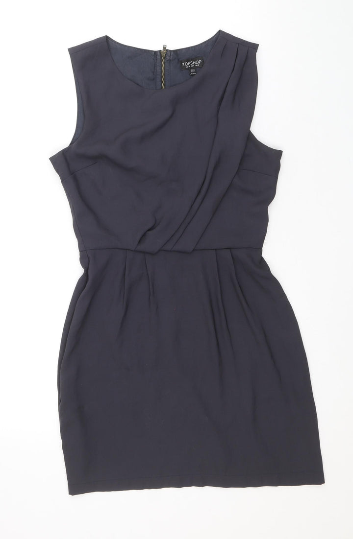 Topshop Womens Grey Acetate Mini Size 8 Boat Neck Zip - Pleat Detail