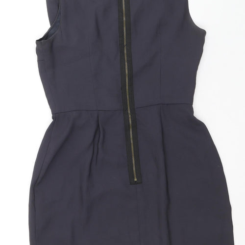 Topshop Womens Grey Acetate Mini Size 8 Boat Neck Zip - Pleat Detail