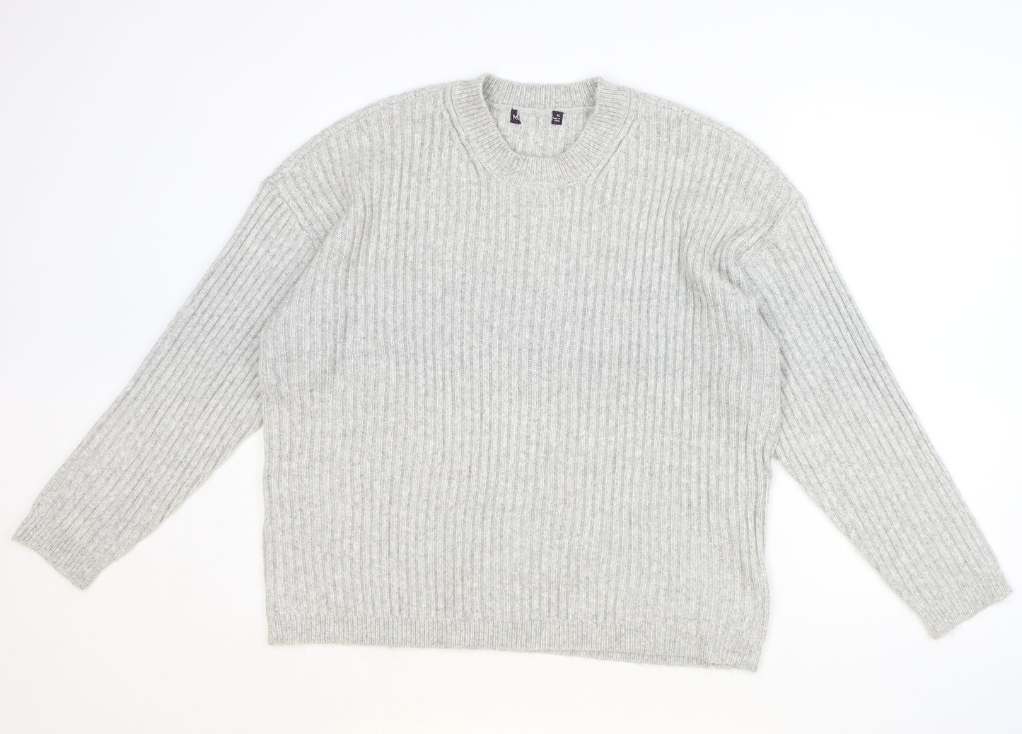 Marks and Spencer Mens Grey Round Neck Cotton Pullover Jumper Size XL Long Sleeve - Ribbed