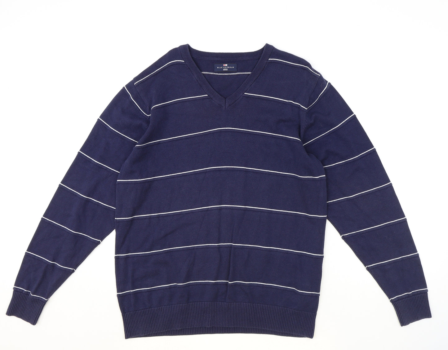 Marks and Spencer Mens Blue V-Neck Striped Cotton Pullover Jumper Size M Long Sleeve