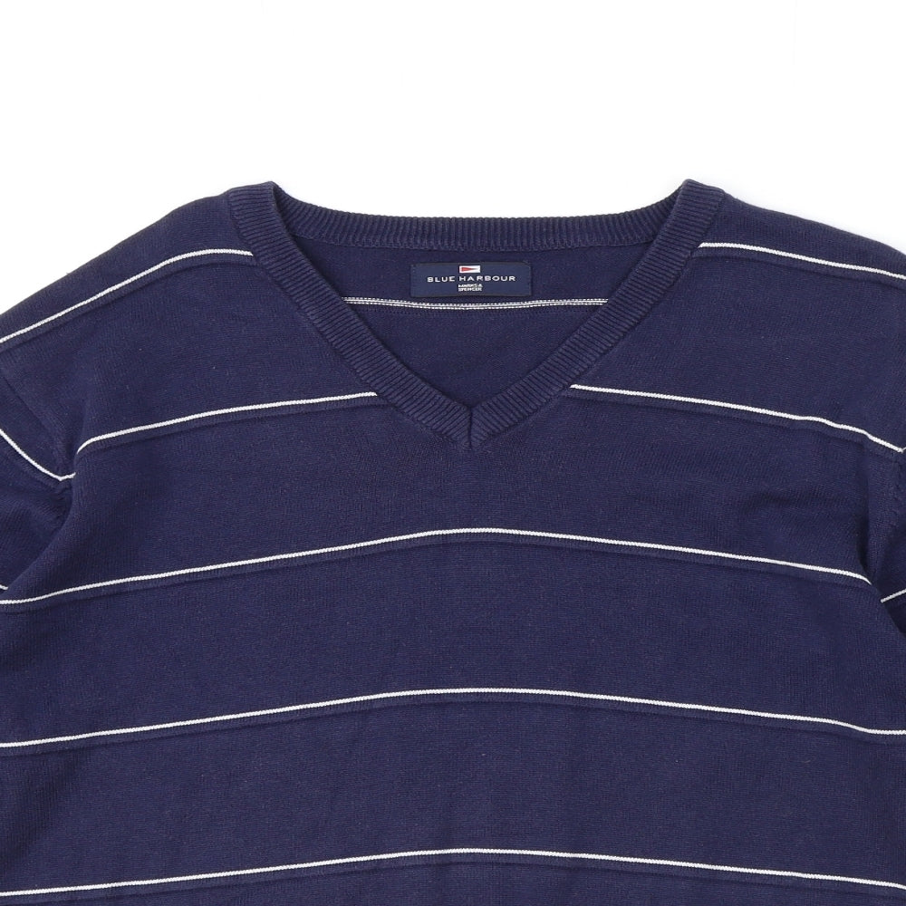 Marks and Spencer Mens Blue V-Neck Striped Cotton Pullover Jumper Size M Long Sleeve