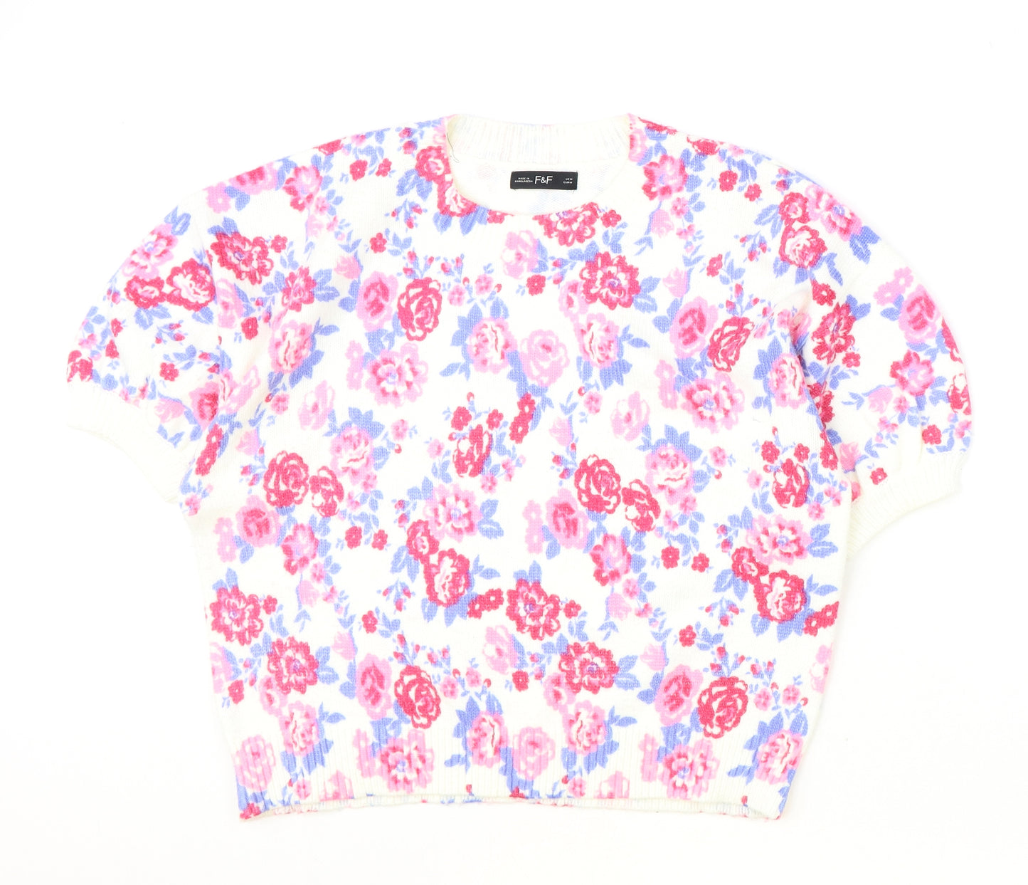 F&F Womens Ivory Round Neck Floral Acrylic Pullover Jumper Size M