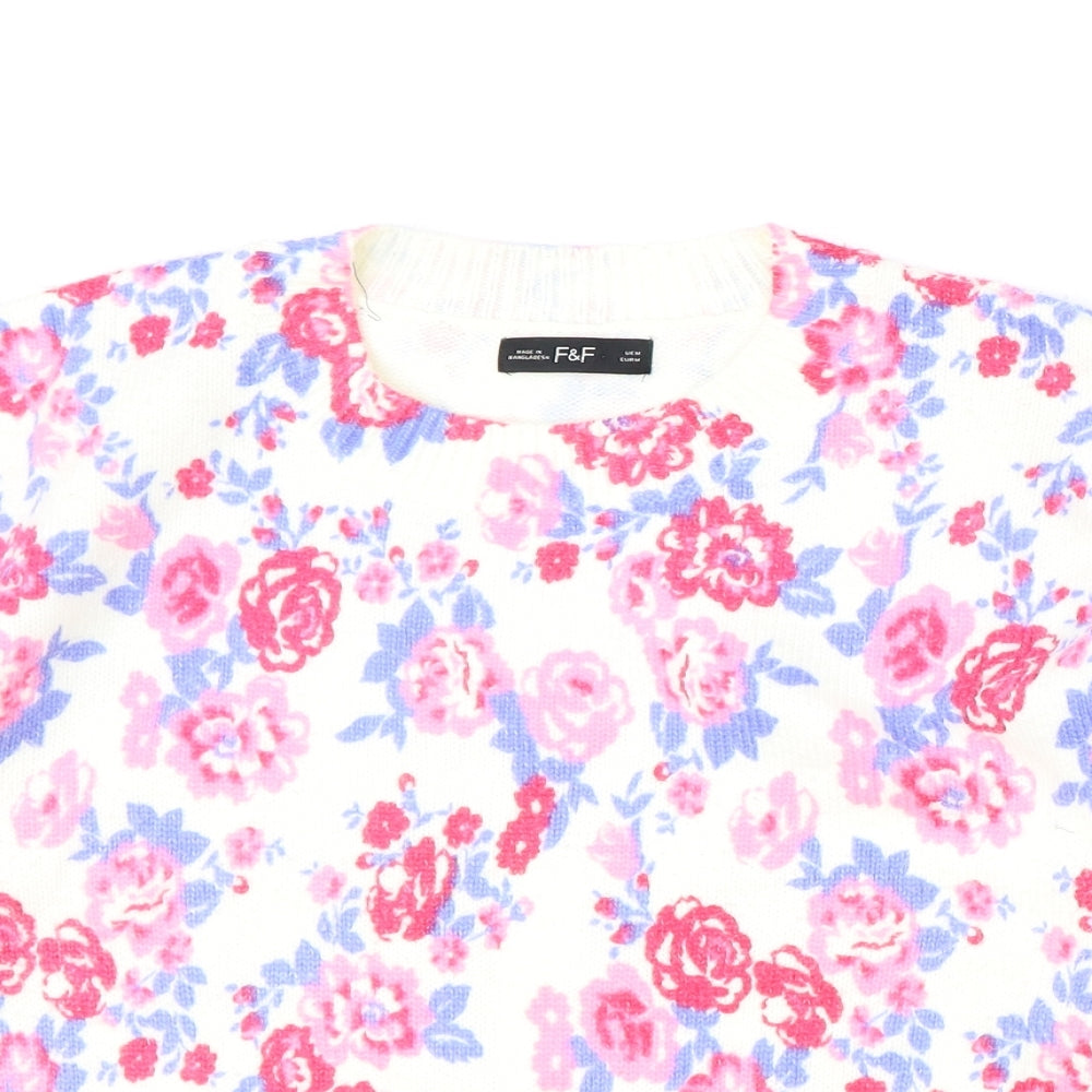 F&F Womens Ivory Round Neck Floral Acrylic Pullover Jumper Size M