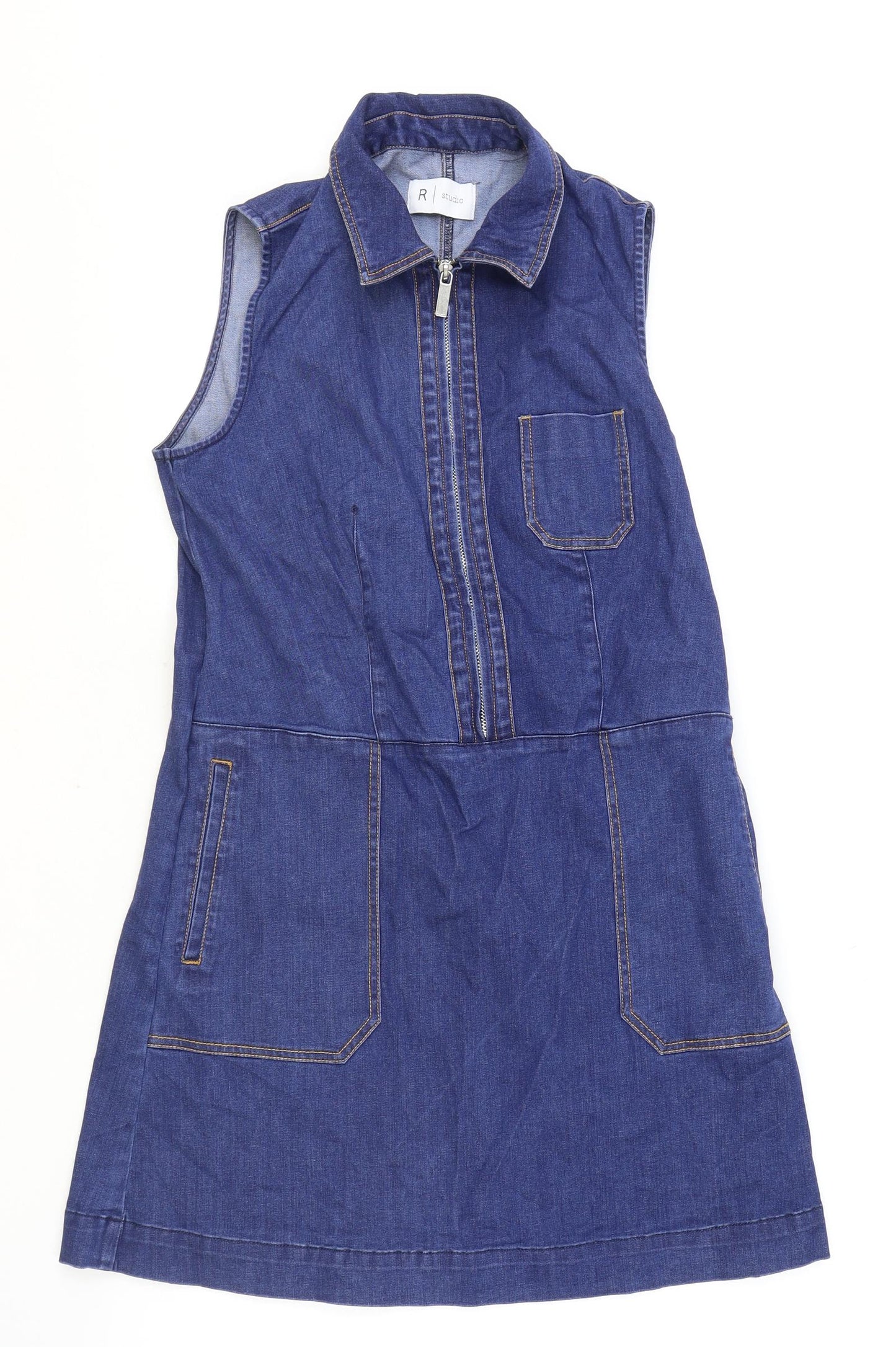R Studio Womens Blue Cotton A-Line Size 8 Collared Zip