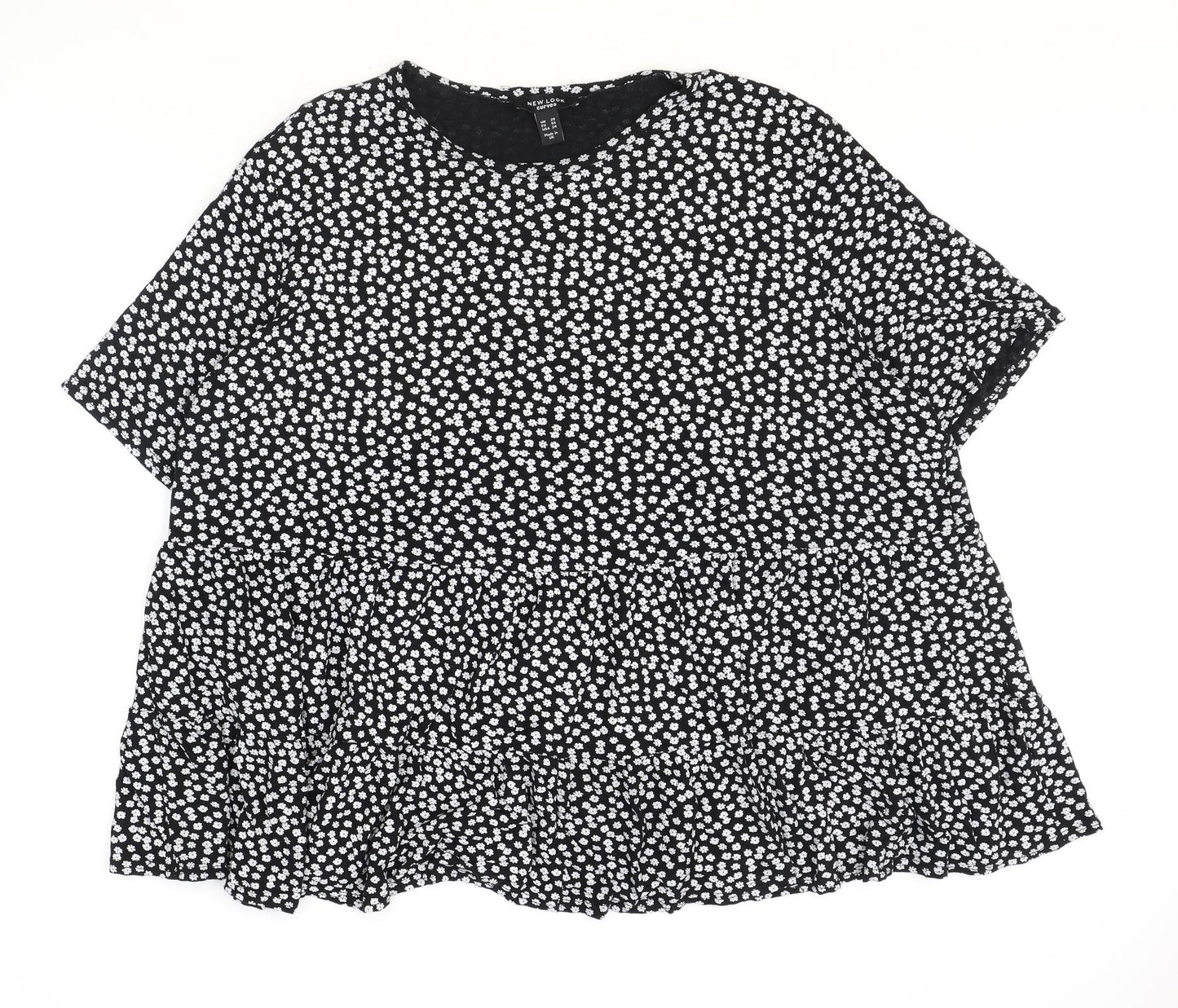 New Look Womens Black Floral Polyester Basic Blouse Size 28 Boat Neck