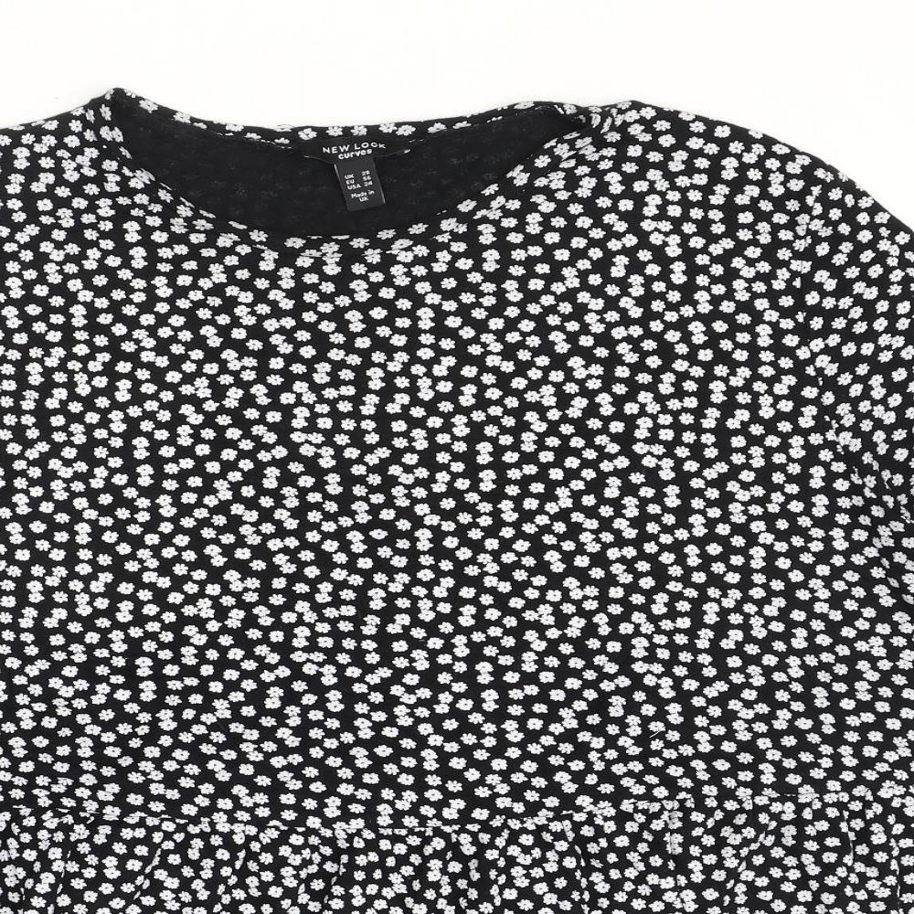 New Look Womens Black Floral Polyester Basic Blouse Size 28 Boat Neck