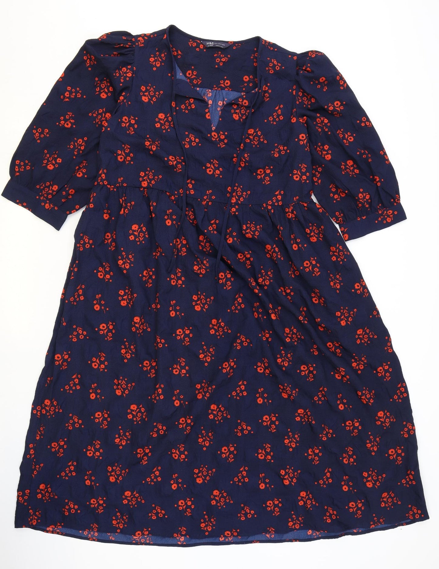 Marks and Spencer Womens Blue Floral Polyester A-Line Size 14 V-Neck Tie