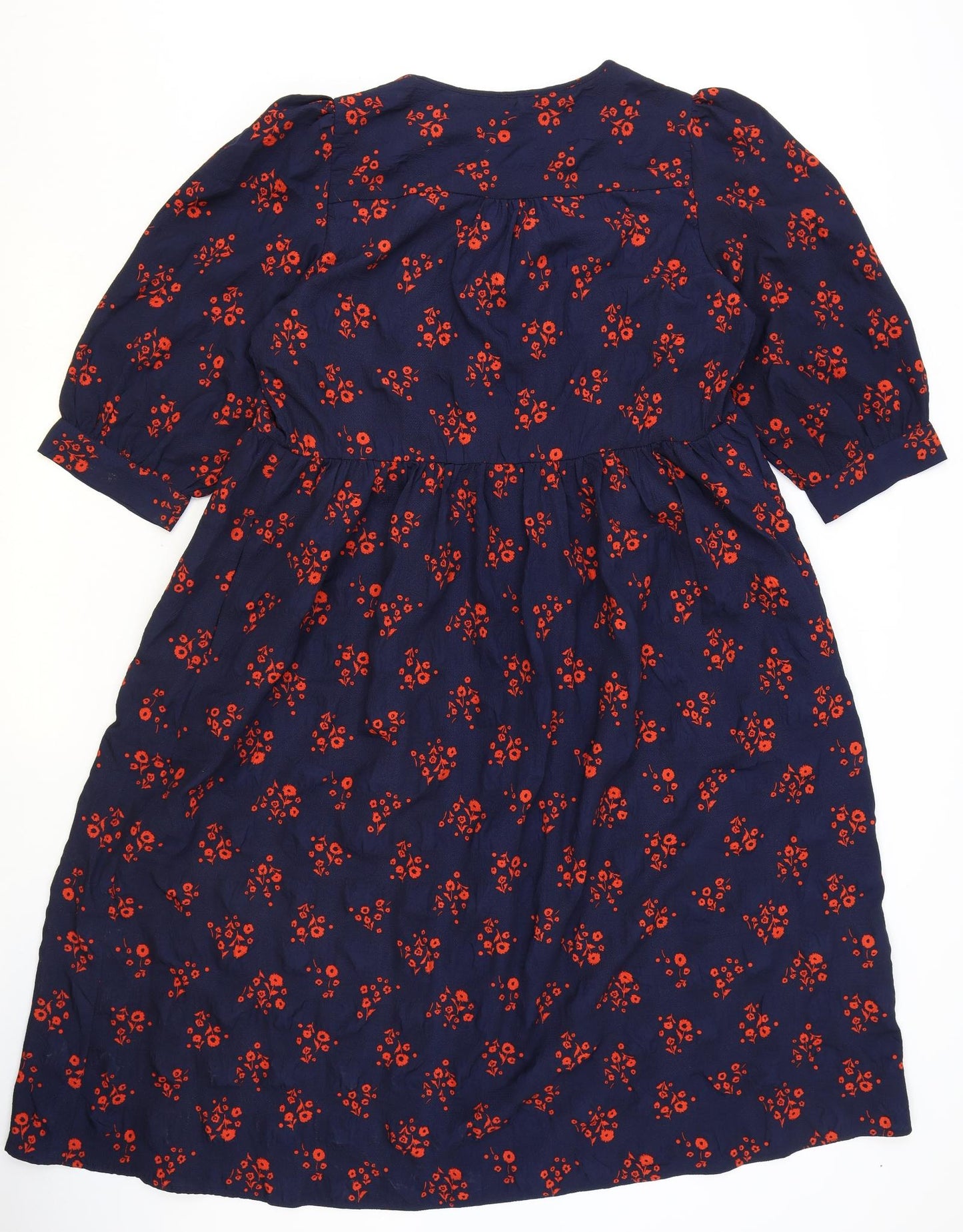 Marks and Spencer Womens Blue Floral Polyester A-Line Size 14 V-Neck Tie
