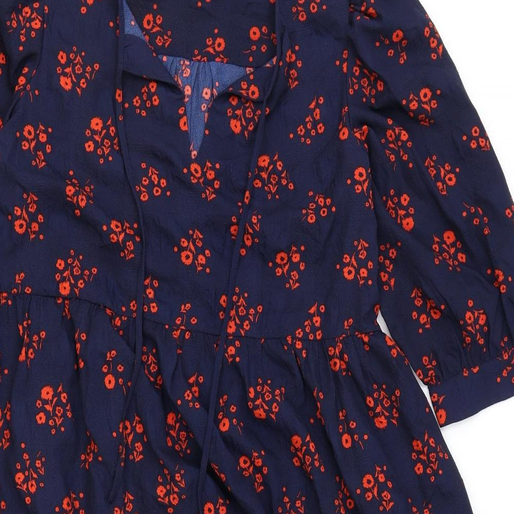 Marks and Spencer Womens Blue Floral Polyester A-Line Size 14 V-Neck Tie