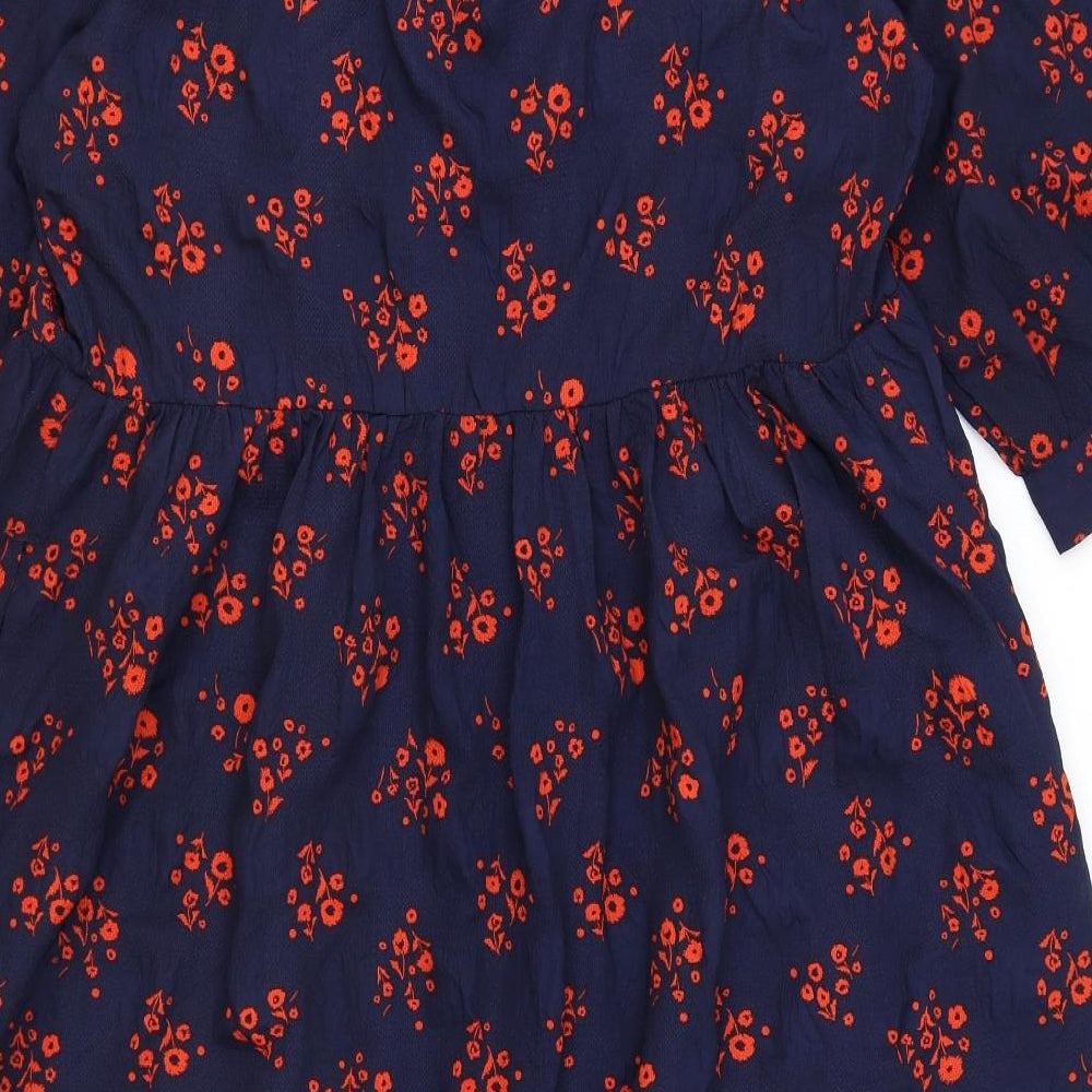 Marks and Spencer Womens Blue Floral Polyester A-Line Size 14 V-Neck Tie