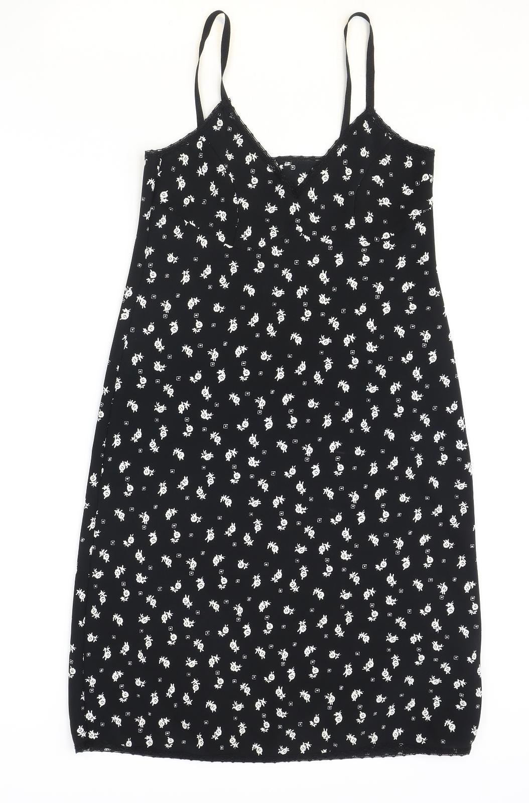 Marks and Spencer Womens Black Floral Polyester Slip Dress Size 8 V-Neck Pullover
