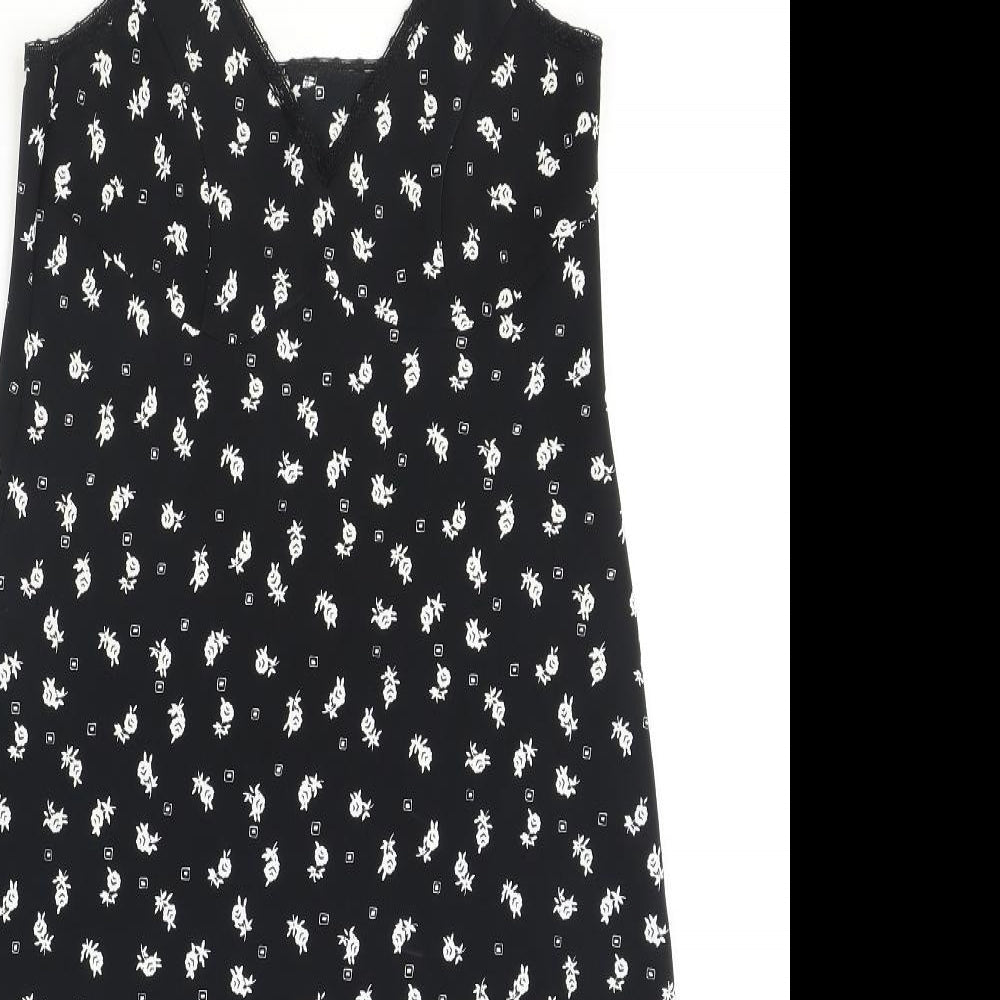 Marks and Spencer Womens Black Floral Polyester Slip Dress Size 8 V-Neck Pullover
