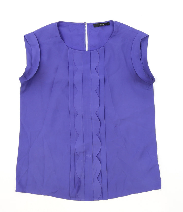 Oasis Womens Blue Polyester Basic Blouse Size 10 Round Neck - Front Pleat Detail