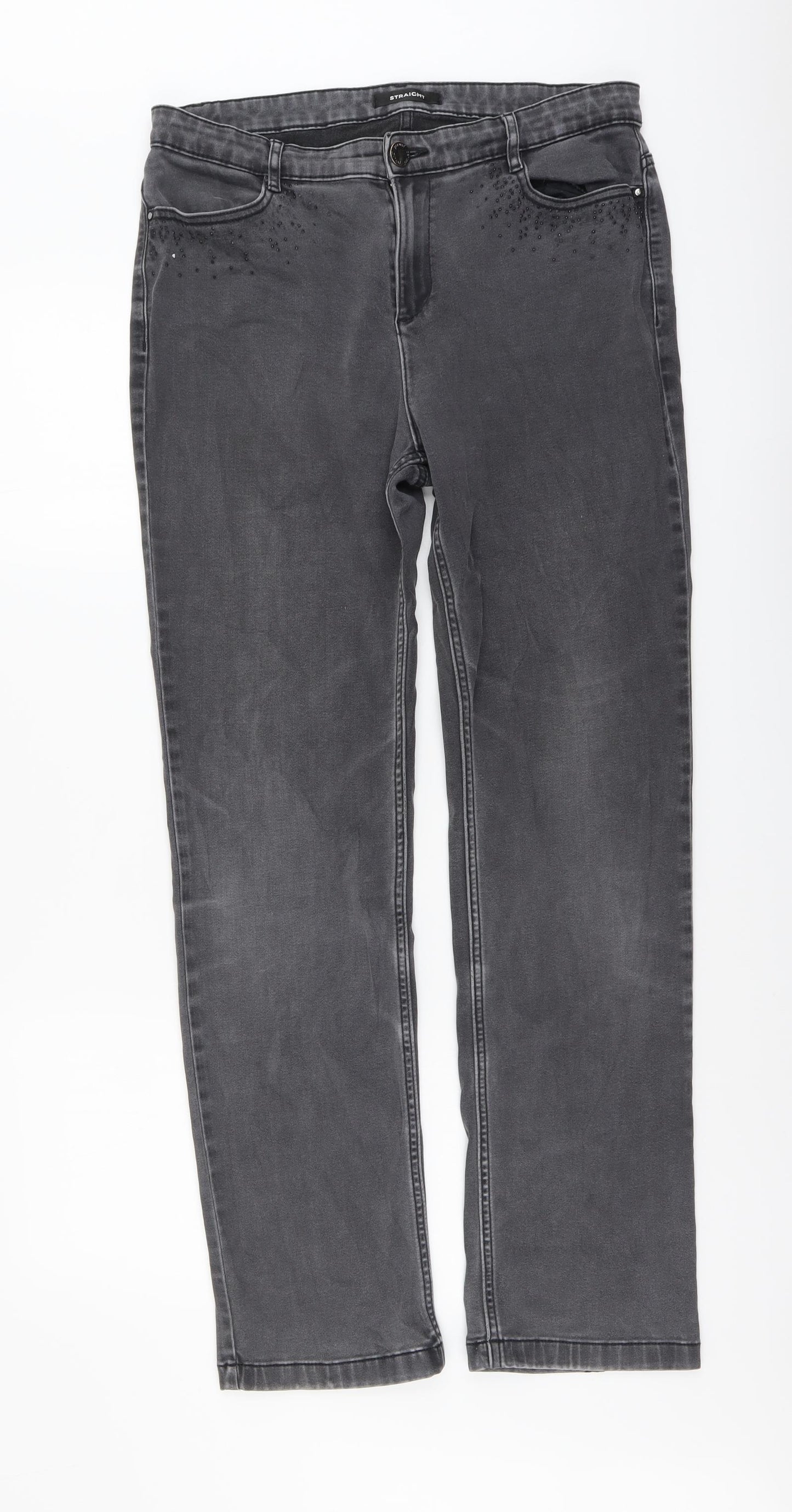 Marks and Spencer Womens Grey Cotton Straight Jeans Size 14 L31 in Regular Button