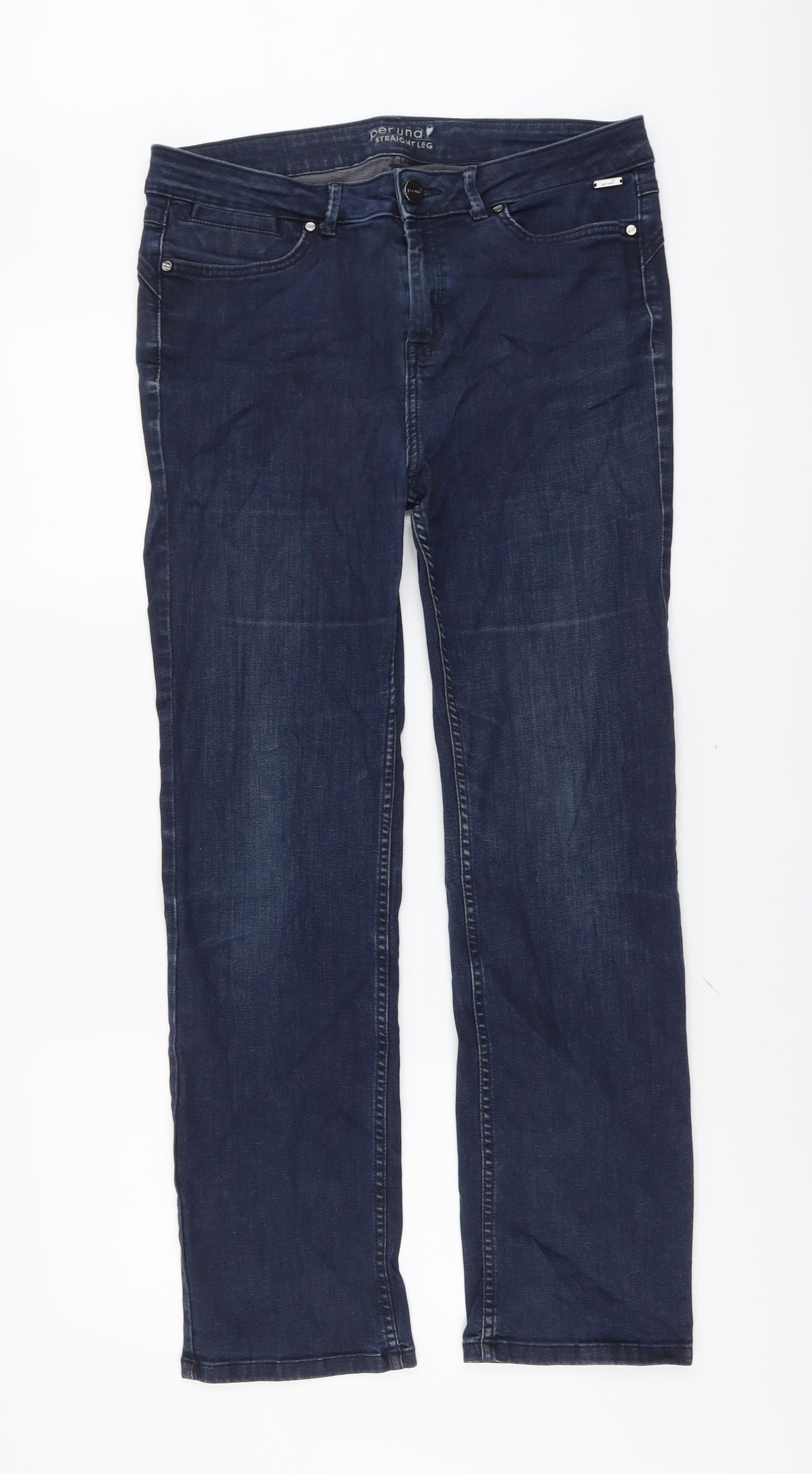 Per Una Womens Blue Cotton Straight Jeans Size 14 L29 in Regular Button