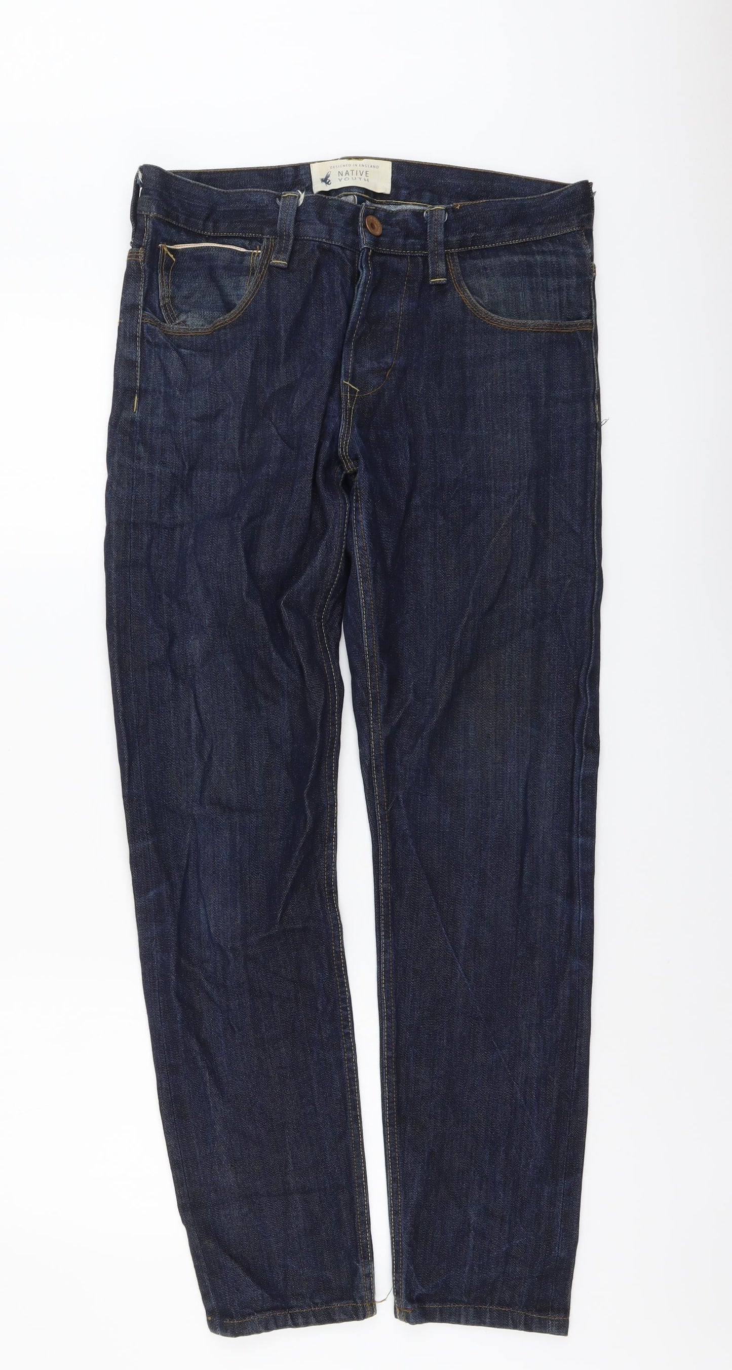 Native Youth Mens Blue Cotton Straight Jeans Size 30 in L30 in Regular Button