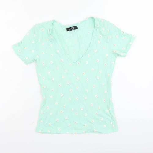 Bershka Womens Green Geometric Cotton Basic T-Shirt Size S V-Neck - Flower Detail
