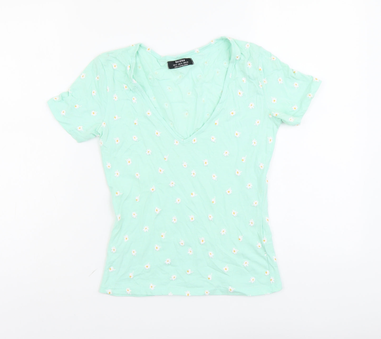 Bershka Womens Green Geometric Cotton Basic T-Shirt Size S V-Neck - Flower Detail
