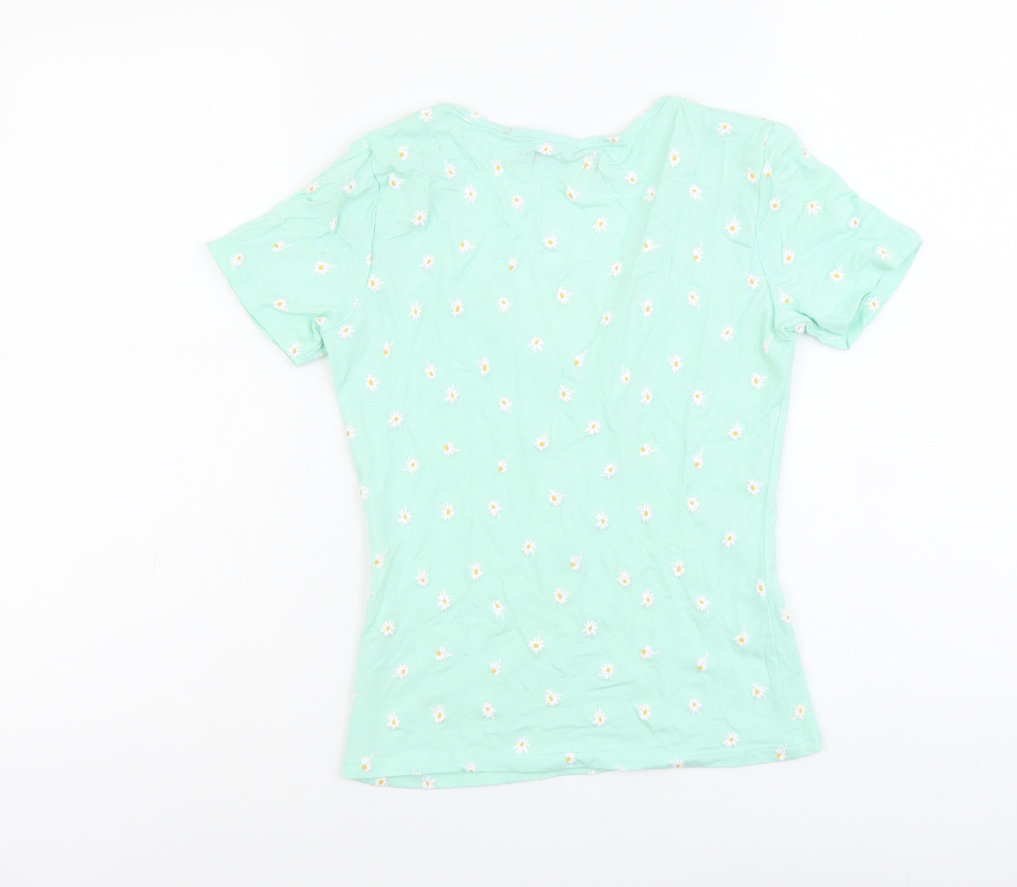 Bershka Womens Green Geometric Cotton Basic T-Shirt Size S V-Neck - Flower Detail