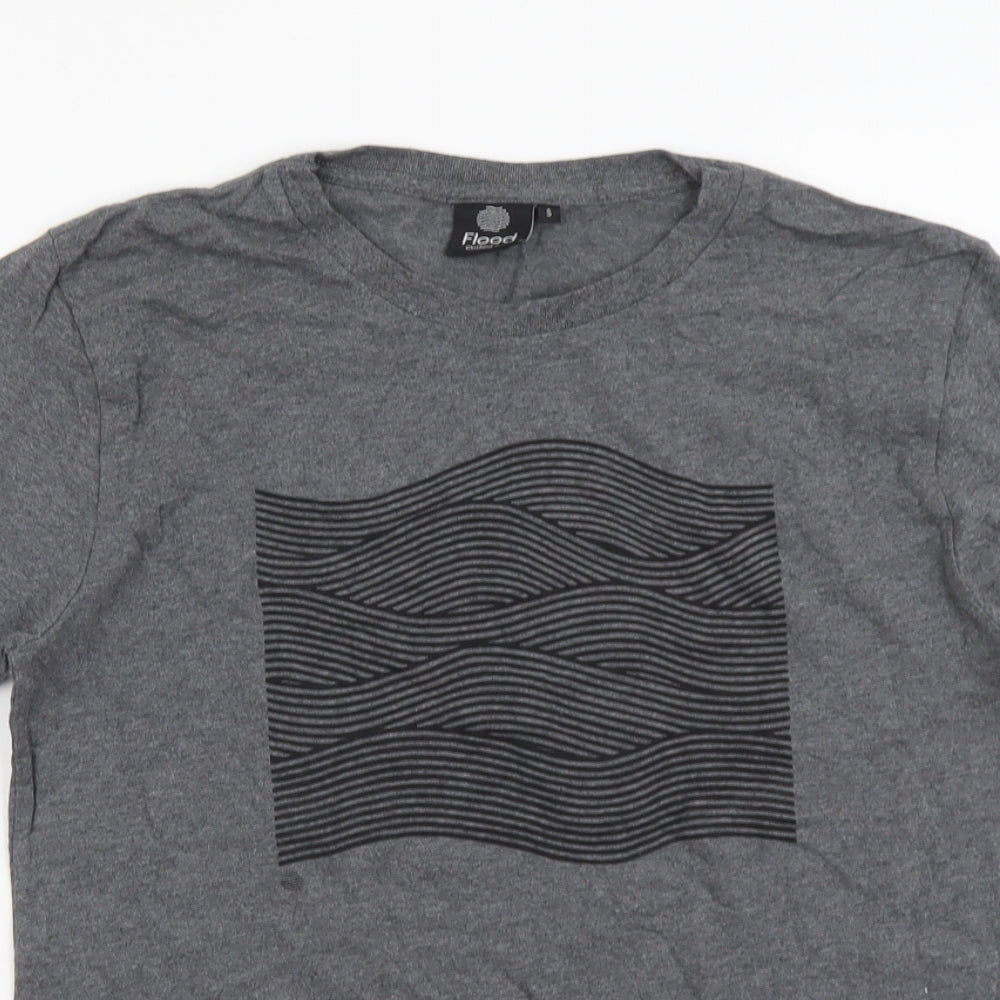 Flood Mens Grey Cotton T-Shirt Size S Round Neck