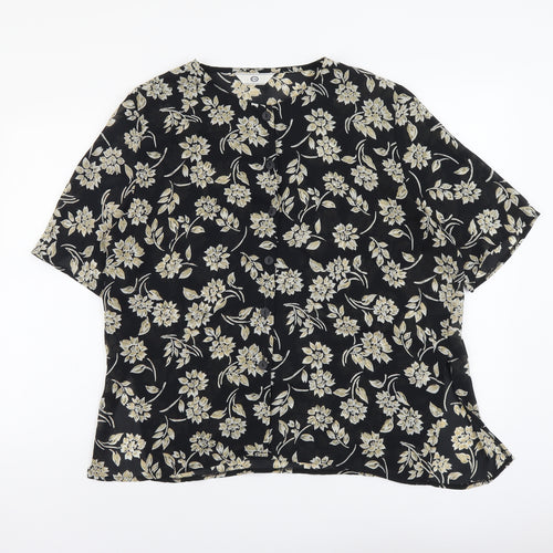 C&A Womens Black Floral Polyester Basic Button-Up Size 14 Round Neck