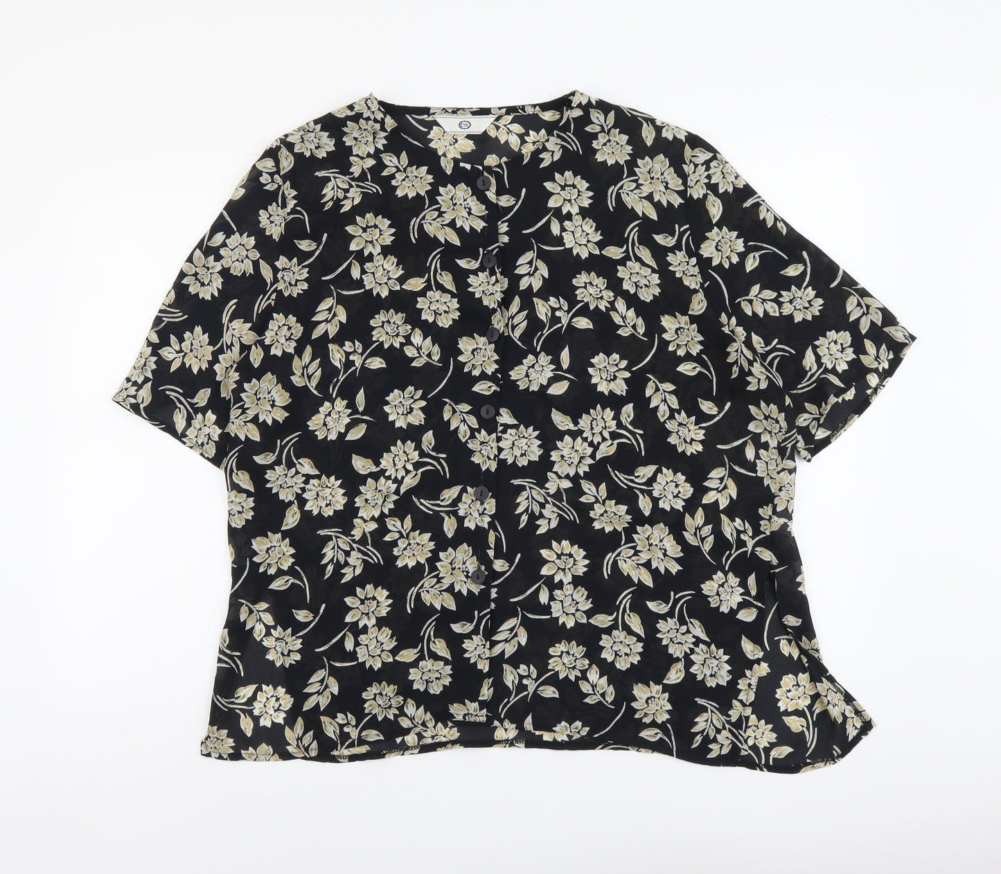 C&A Womens Black Floral Polyester Basic Button-Up Size 14 Round Neck